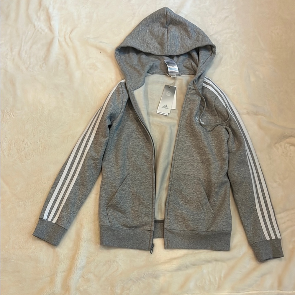 Adidas Gray Zip-Up Hoodie with Three-Stripe Design